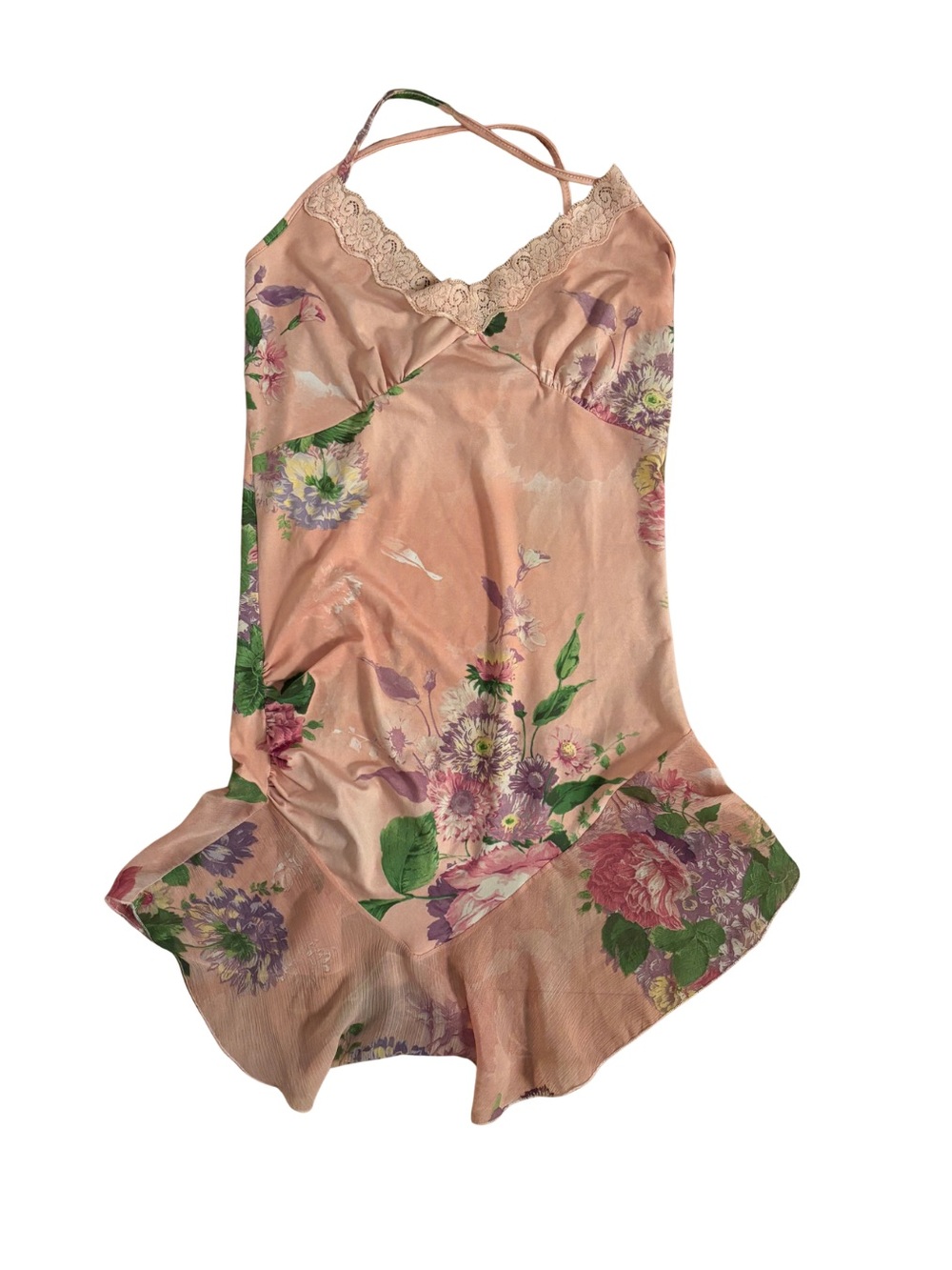 2000’s Morgane de toi Floral Pink Satin Lace-Trim Slip Dress